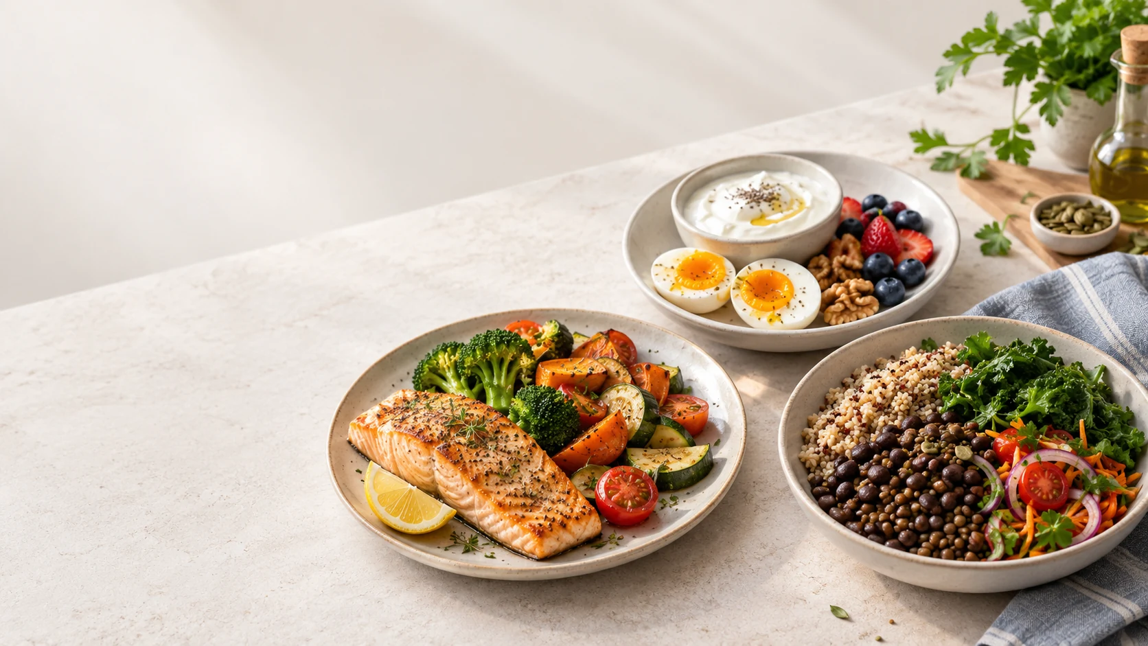 Prato com alimentos ricos em proteína e vegetais frescos